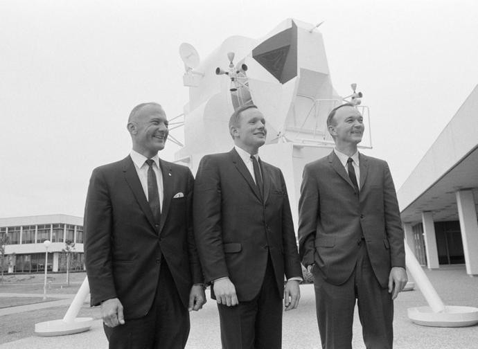 Da sin.: Buzz Aldrin, Neil Armstrong e Michael Collins, l'equipaggio dell'Apollo 11 che portò il primo uomo sulla luna Da sin.: Buzz Aldrin, Neil Armstrong e Michael Collins, l'equipaggio dell'Apollo 11 che portò il primo uomo sulla luna